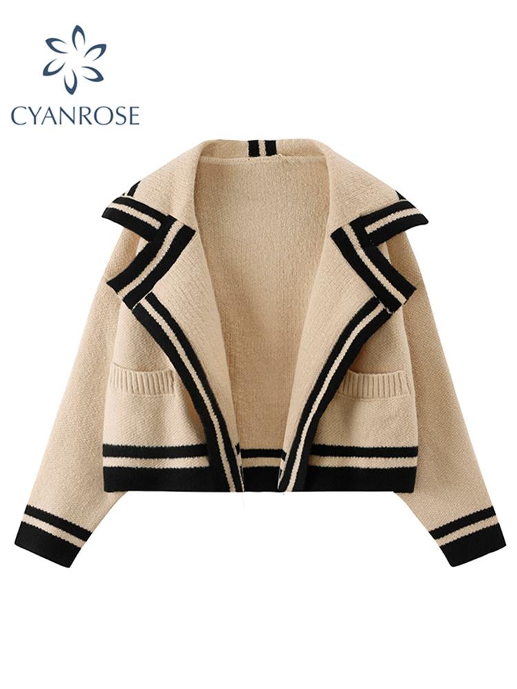 

Women's Knits & Tees Women Knitted Cardigan Sweater 2021 Autumn Ladies Turn-down Collar Long Sleeve Vintage Fashion Casual Loose Knitwear Sh, White