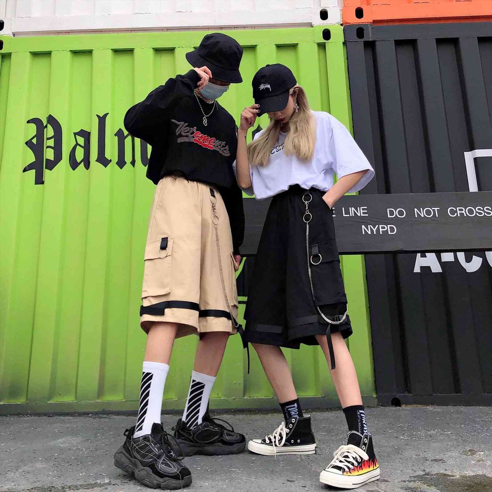 

summer retro korean style cotton women shorts knee long high waist chain, White;black