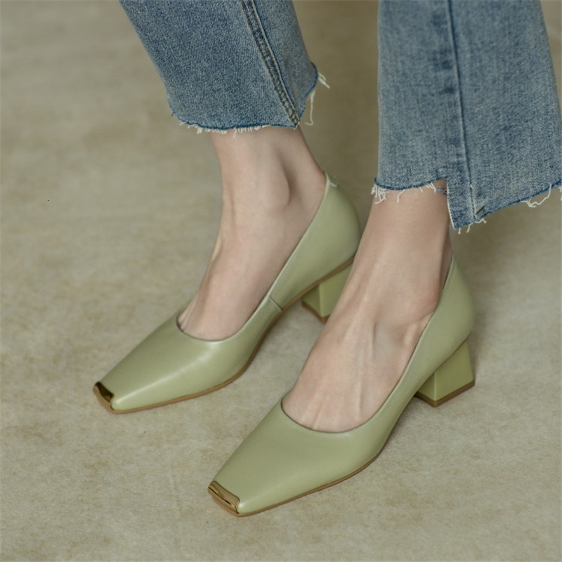 

dress shoes spring/summer new women's pumps genuine leather square toe chunky heel fashion all-match casual green/apricot jlre, Black
