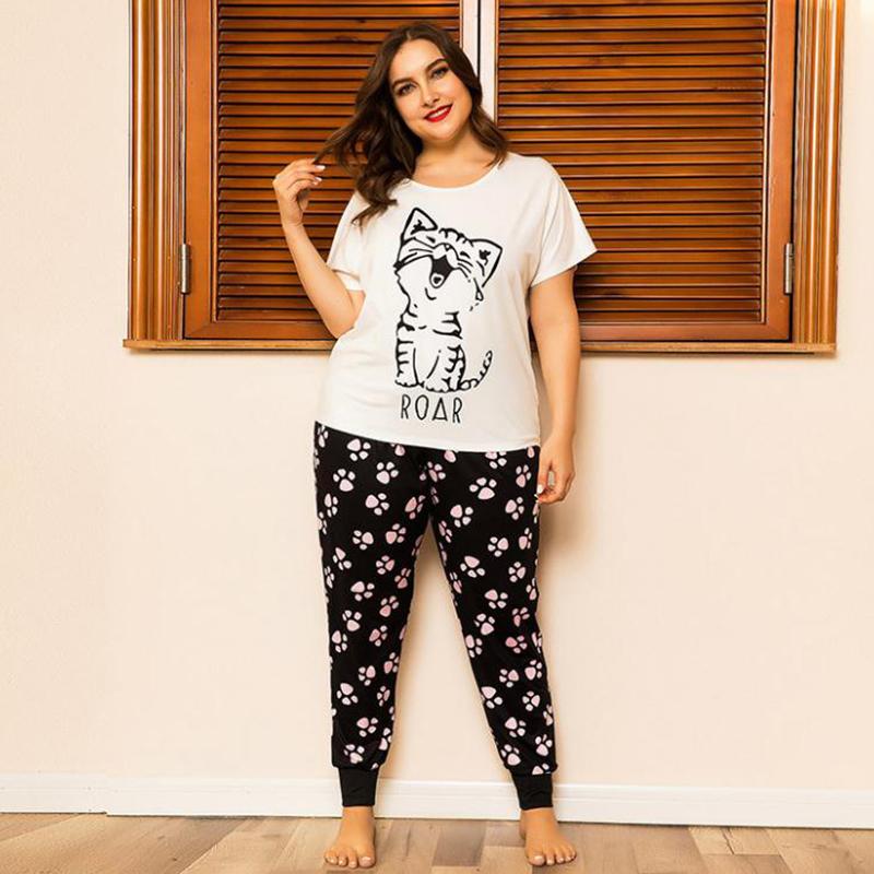 

Plus Size Tracksuits Women's Pajamas Sets With Pants Anime Summer Woman 2 Pieces Sleepwear For Home Comfort Cat Pattern Wear, Black