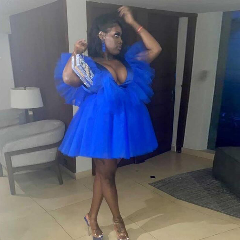 

Royal Blue Plus Size Mini Tulle Tutu Dress Deep V Neck Birthday Party Photography Shoot Tulle Gowns Yong Girls Prom DressWear, Gold