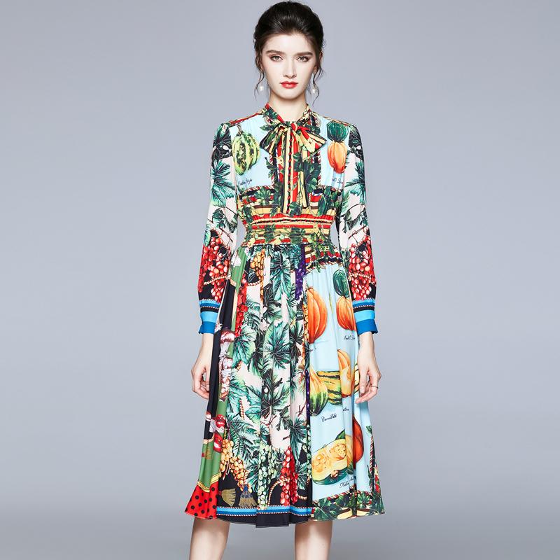 

Casual Dresses 2021 Fashion Spring Runway Dress Top Quality Women Designer Bow Collar Fruit Print Midi Holiday Robe Femme Vintage Aline Vest, Multi