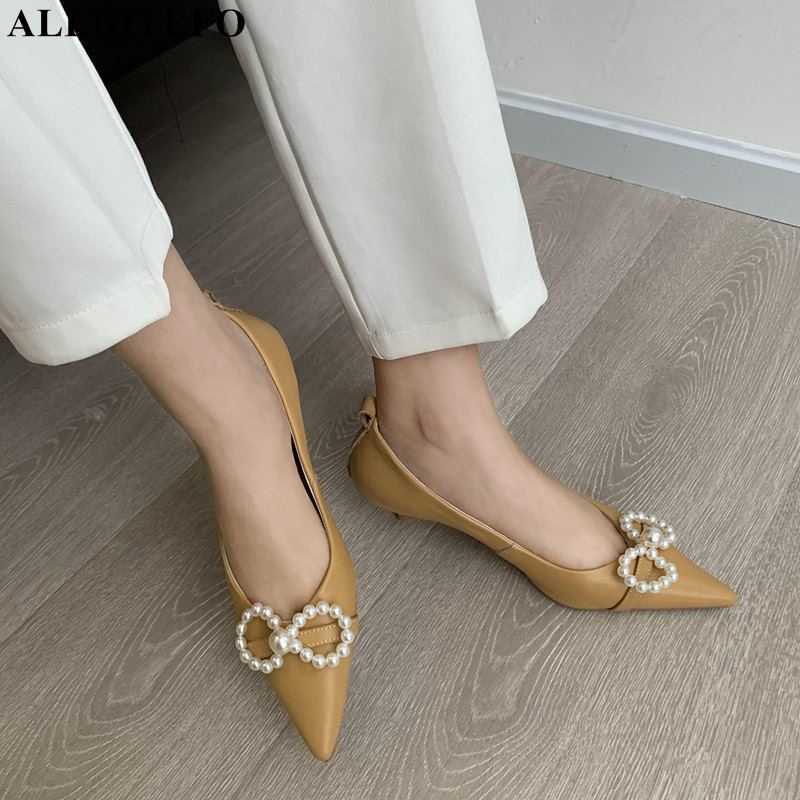 

ALLBITEFO string bead design genuine leather high heels pointed toe thin heel fashion sexy women heels shoes party wedding shoes 210611, As picture