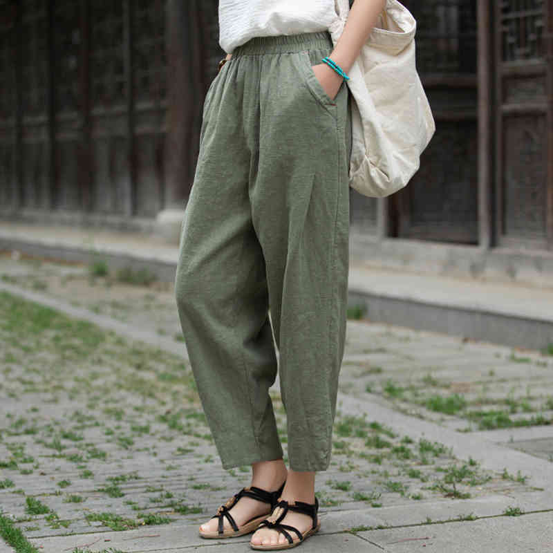 

Johnature Women Pencil Pants Cotton Linen Solid Color Elastic Waist Trouser Spring Vintage Chinese Style Female Pants 210521, Yellow