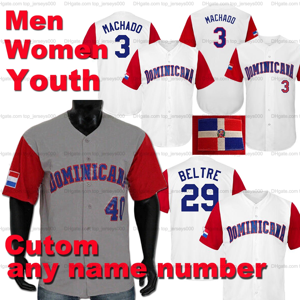 

Custom Men Women Youth Dominican World Classic Baseball Jersey 3 Manny Machado 22 Robinson Cano 19 Jose Bautista 23 Nelson Cruz 6 Starling Marte Beltre Polanco Tejada, As shown