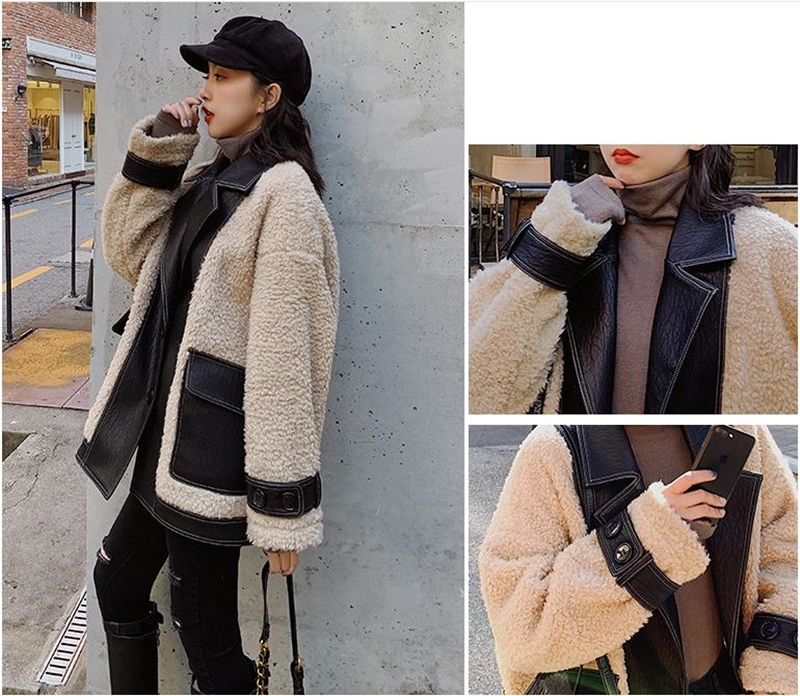 

Women Faux Fur Coats Fashionable warm cotton padded lady's winter retro contrast color patchwork single-breasted jacket integrated lamb wool short outwear, Multi