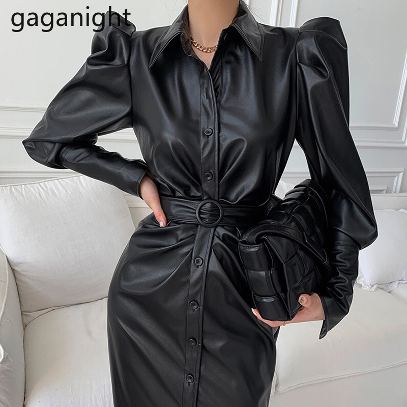 

PU Leather Women Maxi Dress Long Sleeve Single Breasted Chic Korean Office Lady Split Party Vintage Slim Vestido 210426, Black