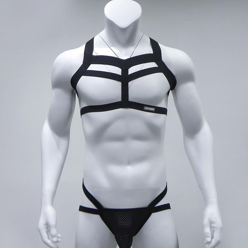 

Bras Sets Men Two-piece Sexy Lingerie Set Underwear Erotic Costume Shoulder Chest Harness Belt Strappy Crop Top With Bulge Pouch Thongs, Black