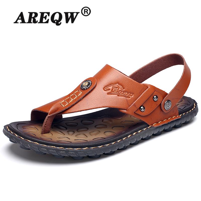 

Sandals Mens Flip Flops Plus Size 47 Brand Summer Genuine Leather Men Casual Shoes Outdoor Beach Comfortable Slippers, Black