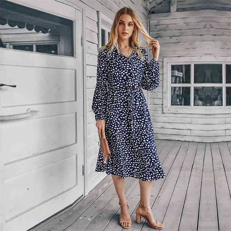 

Autumn And Winter Stand Collar Long-sleeved Simple Polka Dot Printed Dress Women Fashion Lantern Sleeve Maxi Vestidos 210517, Purplish blue