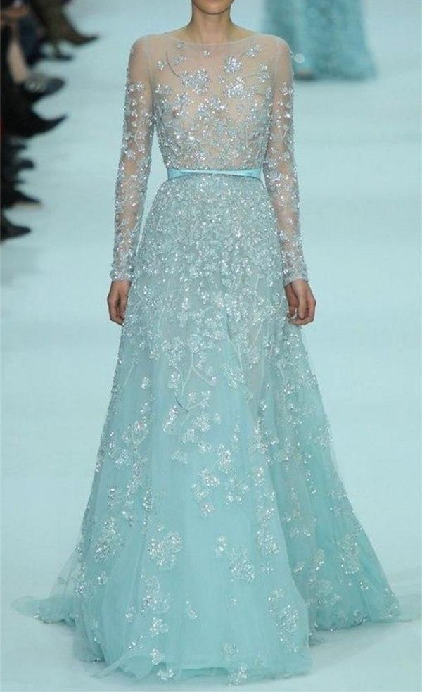 

2023 Blue Evening Dresses Designer Sexy Sheer Neckline Illusion Long Sleeves Beaded Bling Applique Floral Tulle Sweep Train Prom Dress Gowns, White