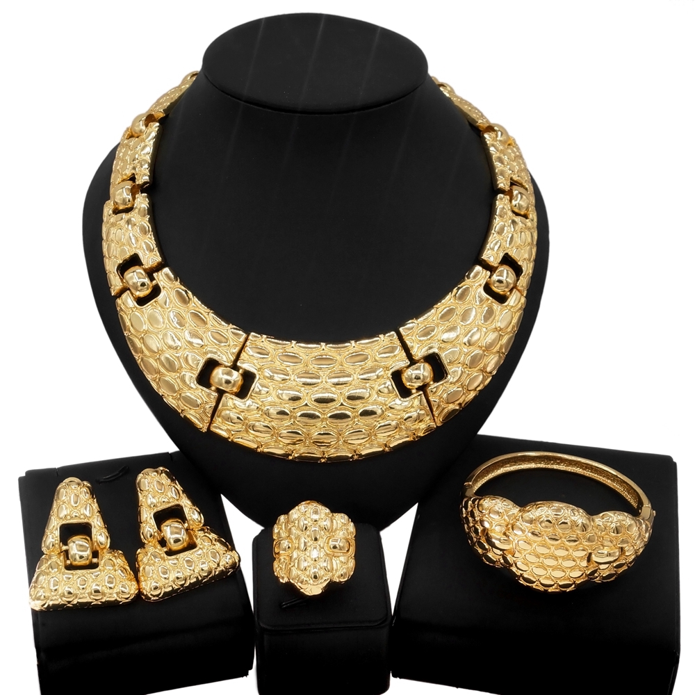 

Yulaili Latest Brazilian Gold Jewelry Necklace Bracelet Earring Ring Hot Selling Wedding Luxury Woman Party Fashion 4-piece Big Jewellery Set H0001, Golden
