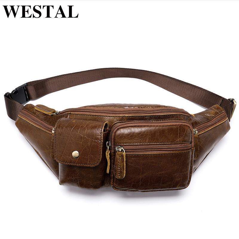 

Waist Bags WESTAL Genuine Leather Travel Bag Designer Fanny Pack Men Belt Phone Pouch Male Chest Messenger For 8399