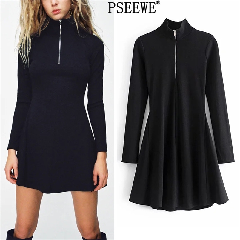 

Spring Dress Black Ribbed Zip Short es Women Casual High Neck Long Sleeve Woman Fashion Streetwear 210519