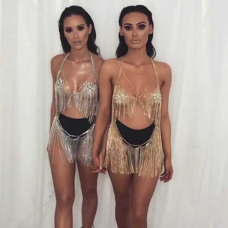 

New Metal Chain Tassel Sexy Women Bodychain High Cut Hollow Out Sleeveless Backless Halter Festival Dress Accessories Nightclub Q0707, Silver