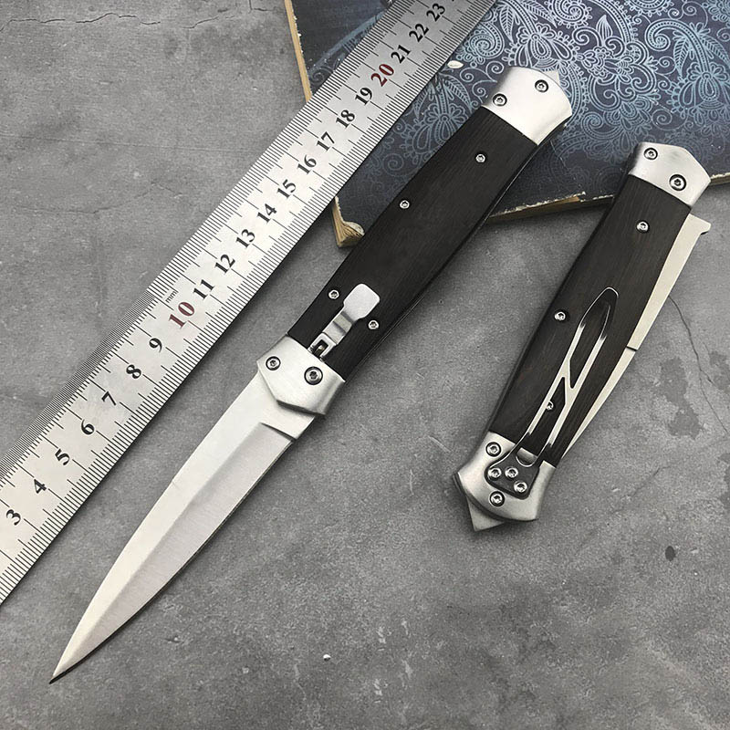 

Newest F125 Cold Steel Horizontal Automatic Knife 8Cr13 Satin Blade Wood Handle Swordfish Tactical self defense Outdoor EDC Pocket Knives With Nylon Sheath