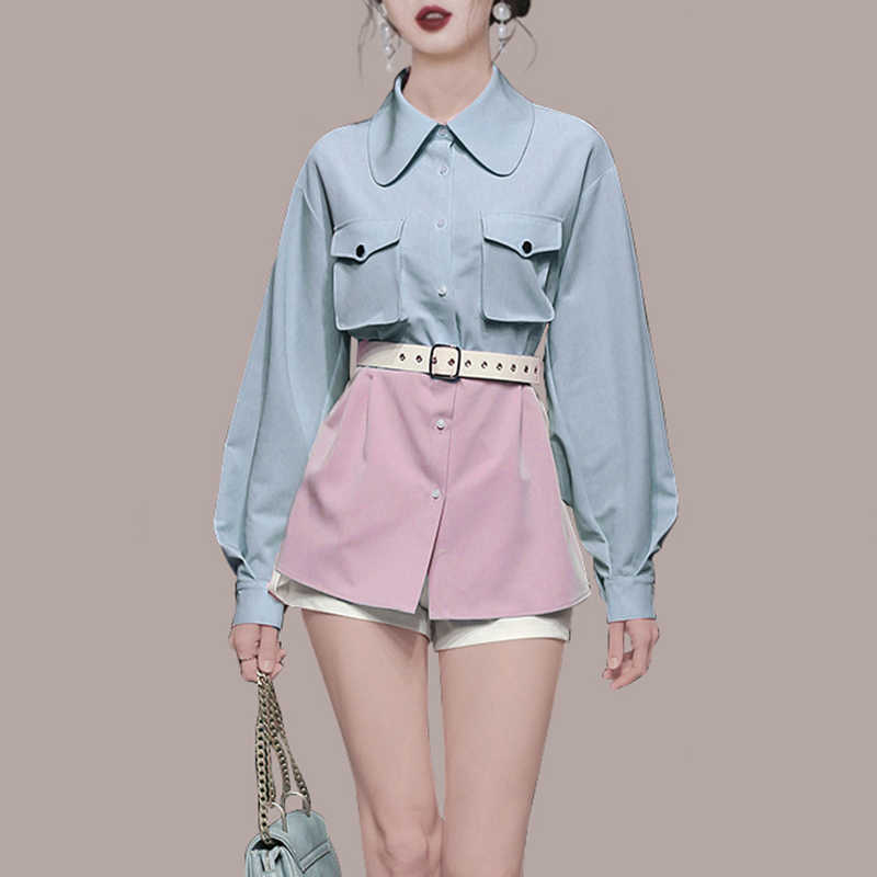 

High Quality fashion Runway Autumn Temperament Shirt Women Hit color patchwork Long Sleeve Office OL Blouse Top whit Belt 210526, Photo color