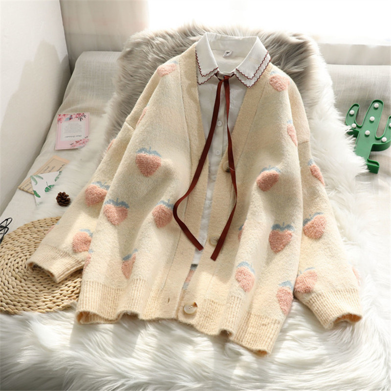 

Women's Sweaters Female knitted sweater with a v-neck, fluffy strawberry collar, loose, casual, autumn, , girls'urban clothes F5A8, 1# shoe box