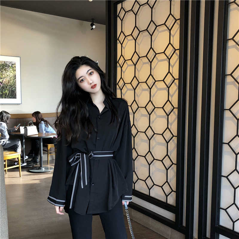 

Spring Loose Slim Lace-up Waist Shirt Full Turn Down Collar Single-breasted Women Tops 210615, White