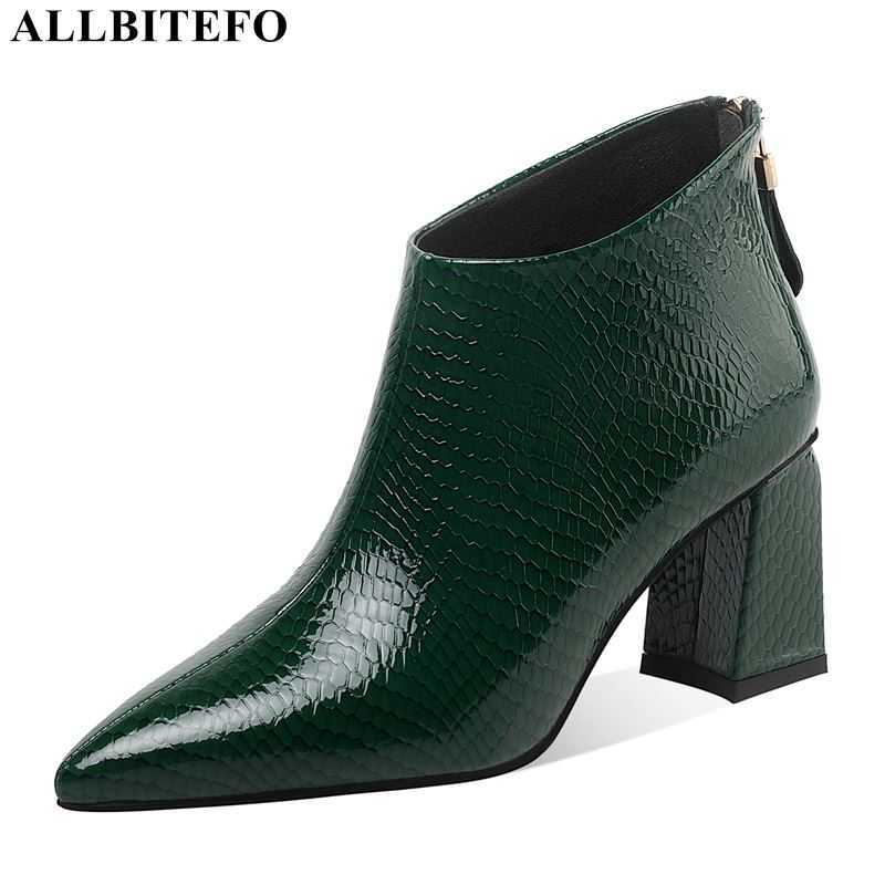 

ALLBITEFO size 34-41 pointed toe genuine leather women boots fashion winter high heel shoes women's ankle boots motocycle boots 210611, Plush inside