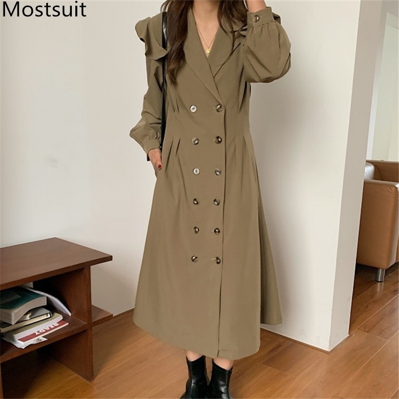 

Vintage Double-breasted Korean Women Long Dress Autumn Winter Notched Collar Ruffles A-line Dresses Vestidos Femme 210518, Camel
