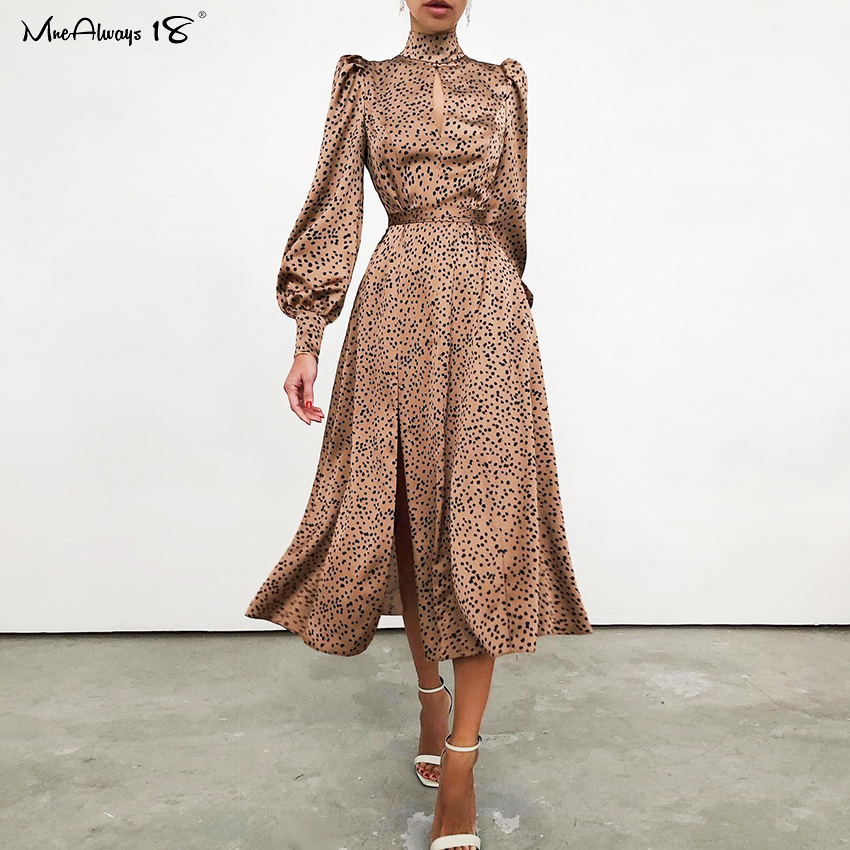 

Mnealways18 Turtleneck Polka Dot Dress Khaki Puff Sleeve Women Satin Dress Split Pleated A-Line Long Dresses Spots Hollow Out
