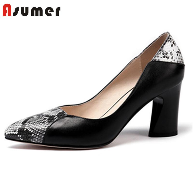 

Dress Shoes ASUMER 2021 Arrive Spring Summer Single Women Pumps Genuine Leather Mixed Color Snake Fashion Woman, Black