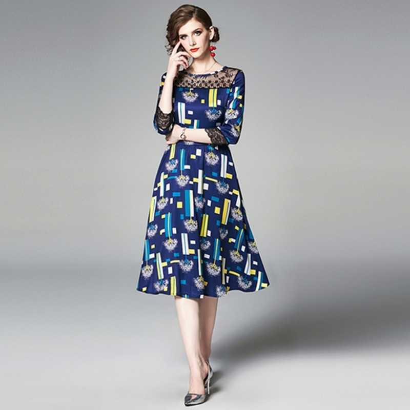 

Summer Printing Dresses Womens O Neck Patchwork Lace A-Line Work Casual Party Dress Slim Vintage Vestidos 210525, Picture color