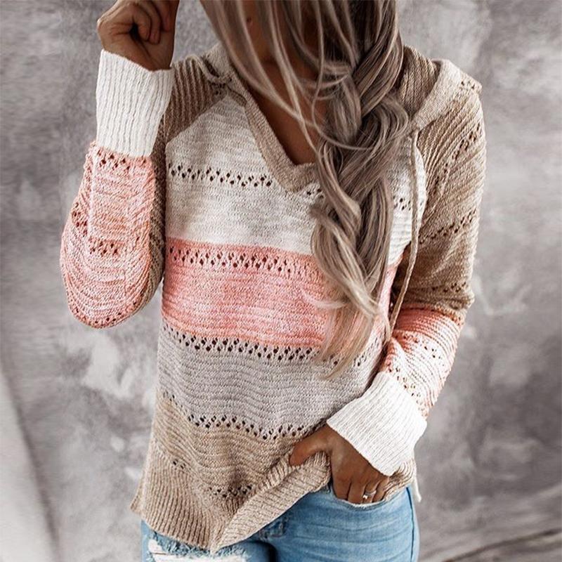 

Women' Sweaters Autumn Women Patchwork Hooded Sweater Long Sleeve V-neck Knitted Casual Striped Pullover Jumpers 2021 Female Hoodies, Red