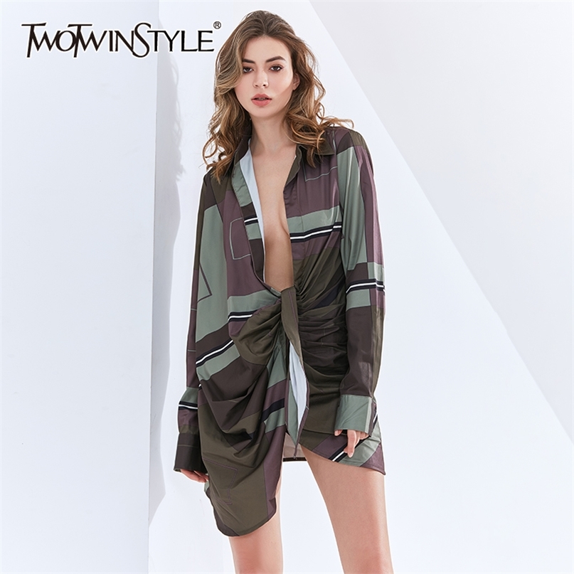 

Vintage Ruched Dress For Women Lapel Long Sleeve High Waist Hit Color Print Shirt Dresses Female Fashion Autumn 210520, As picture
