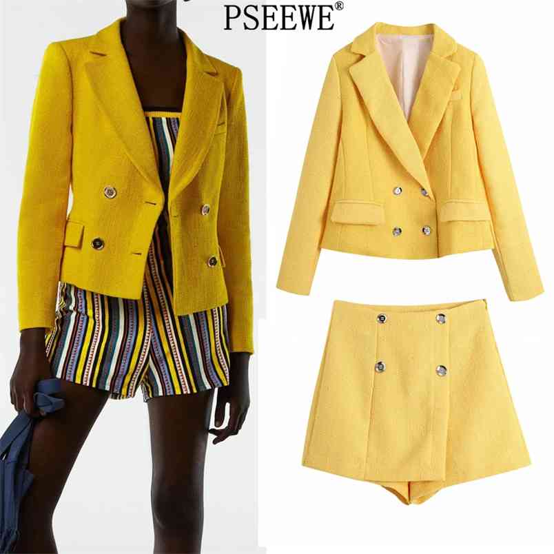 

Woman Blazer Suits With Shorts Yellow Cropped Women's Elegant Sets High Waist Mini Skort Two Pieces Set 210519, Skort 2