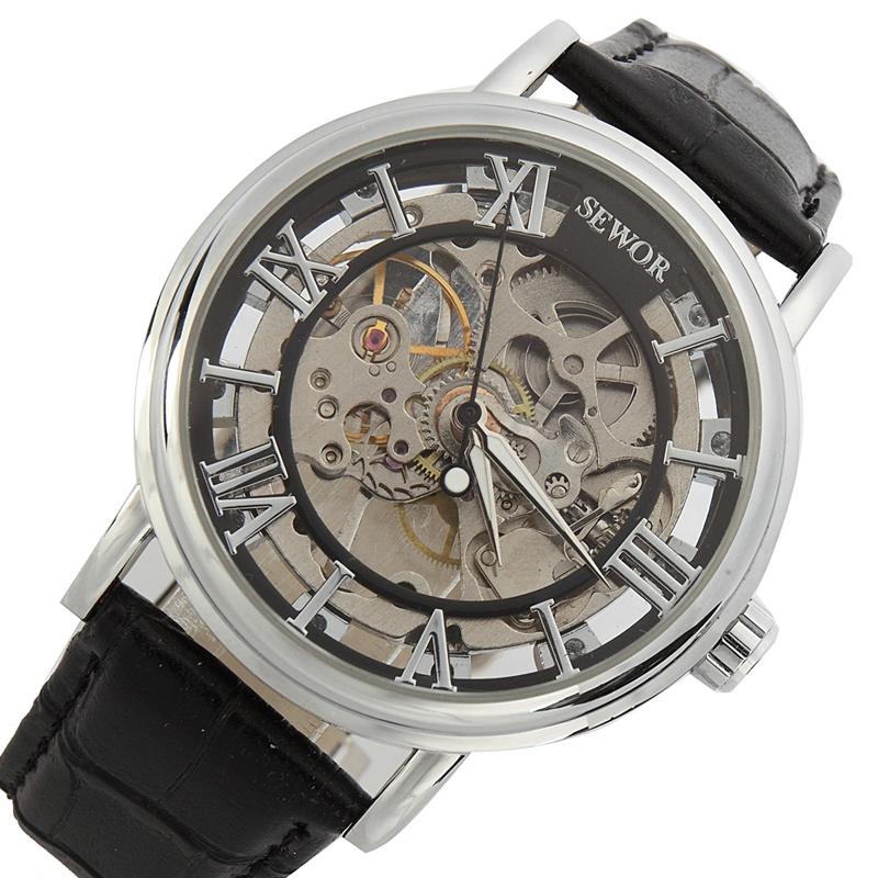 

Fashion Hollow Skeleton Leather Watch Band Mechanical Sport Men Army Military Wrist 3 Color Wristwatches, Slivery;brown