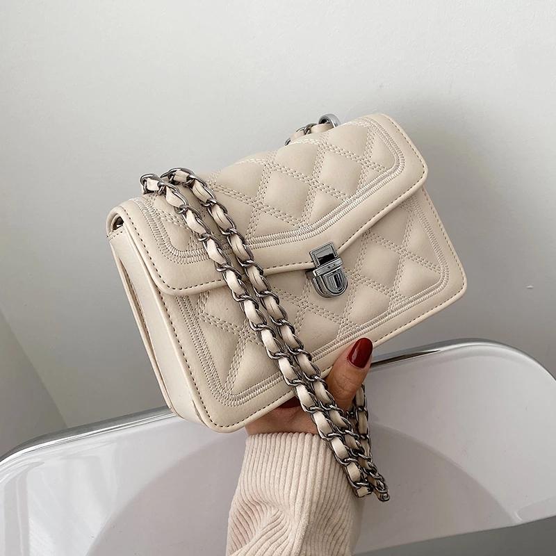 

Lingge Small PU Leather Flap Crossbody Bag For Women 2021 Classic Fashion Luxury Chain Shoulder Handbags And Purses Cross Body, White