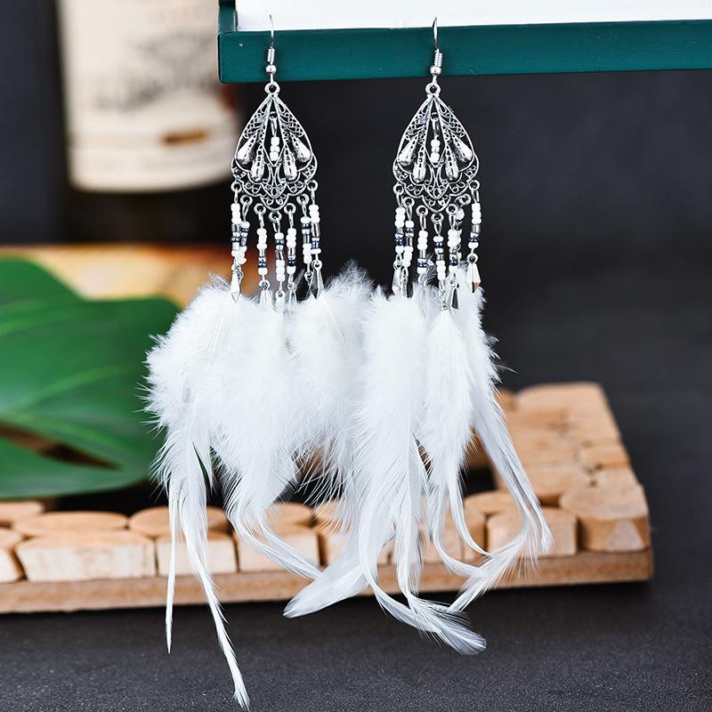 

Hoop & Huggie European And American Bohemian Earrings Long-style Tassel Feather National Style Jewelry