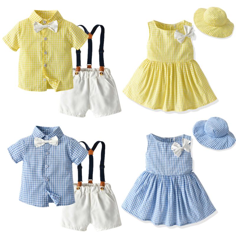 

Clothing Sets Plaid Brother And Sister Kids Matching Outfits Boys Gentleman Suit+Princess Girls Tutu Dress Children Clothes JYF