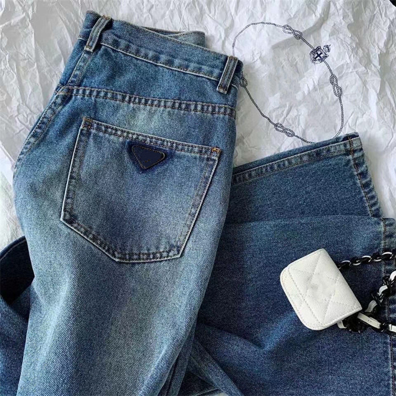 

Women's Jeans With Triangle Label Jean Pant Straight Leg Pants Classic Back Pocket Triangle emale Trousers Multi-size Spring Autumn, Blue