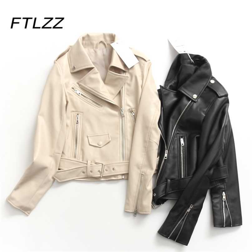 

Woman Soft Faux Leather Coat Spring Autumn Black with Belt Moto Biker Jacket Women Beige Zipper PU Outwear 210525