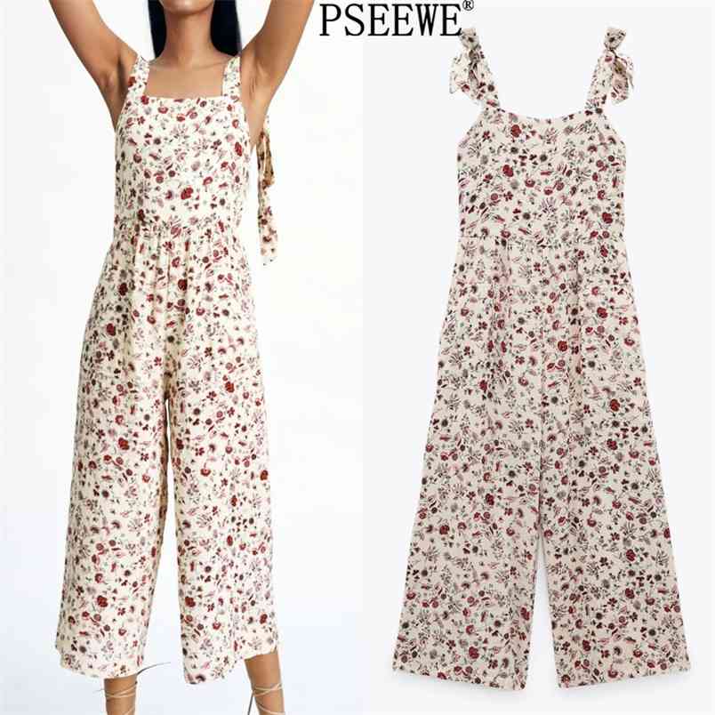 

Floral Print Female Jumpsuit Fashion Pocket Wide Leg Jumpsuits Women Casual Summer Straps Backless Woman overalls 210519, Beige