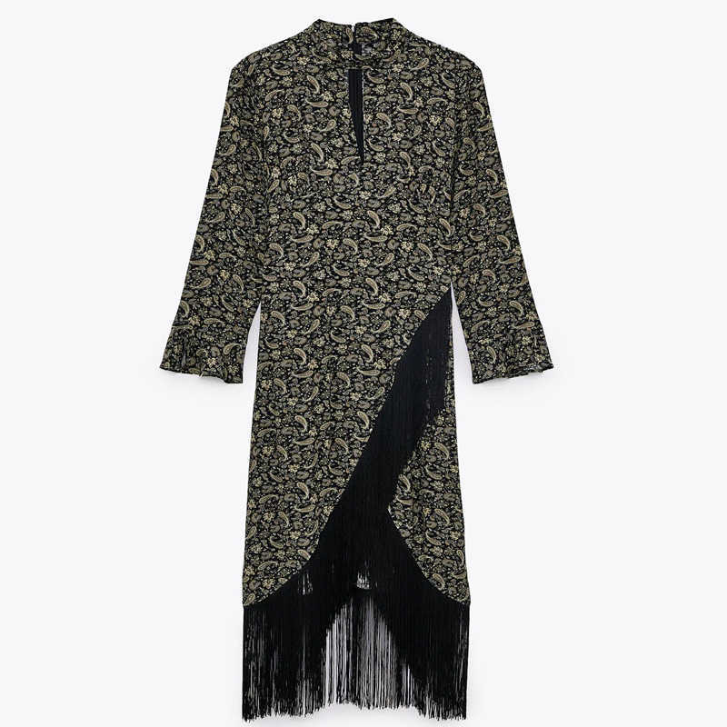 

Za Vintage Print Long Dress Women Pleated High Collar Fringe Trim Party Dresses Woman Chic Back Zip Asymmetry Midi Dress 210602, As picture