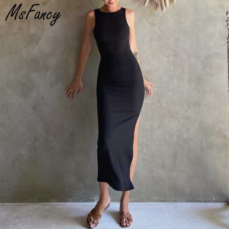 

Msfancy Summer Tank Slim Long Dress Women Sexy Backless Hollow Out Black Robe For Front And Back Slipt Bodycon Dress 210604