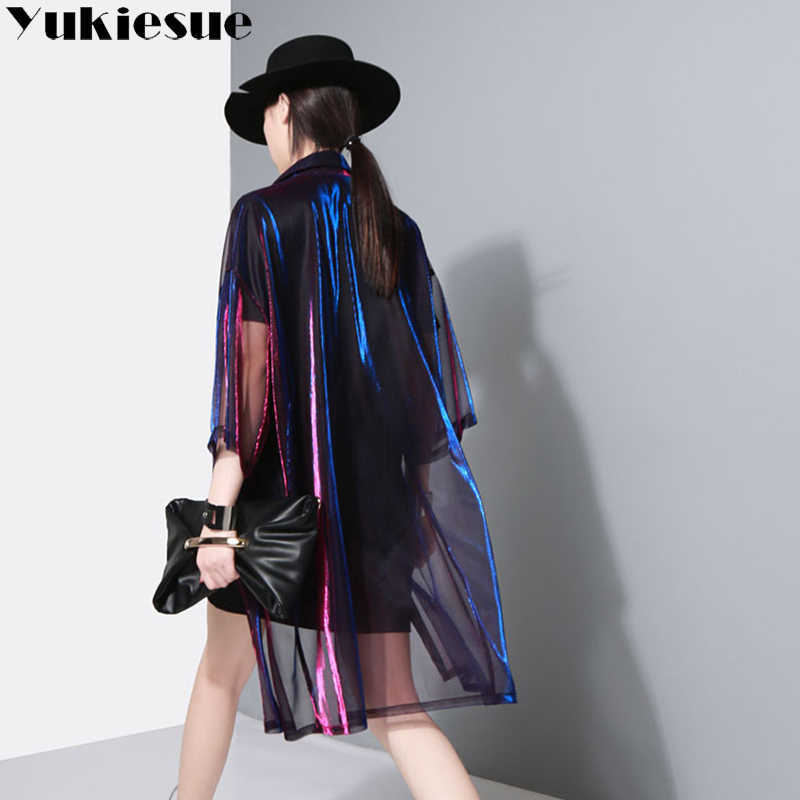 

Transparent Coat For Women Laser Lapel Collar Three Quarter Sleeve Long Windbreaker Spring Summer outerwear. 210608, Gold green