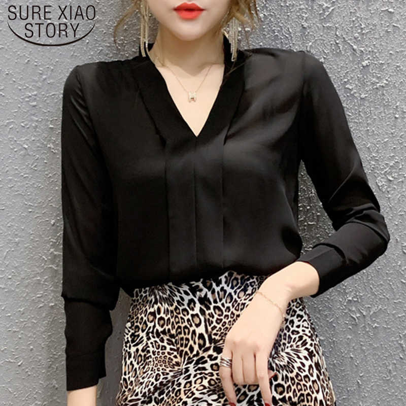 

Fashion Long Sleeve Slim Spring Autumn Chiffon V Neck Women Shirts Solid Black Red Sexy Women Blouses and Tops Femme 7925 50 210527, White