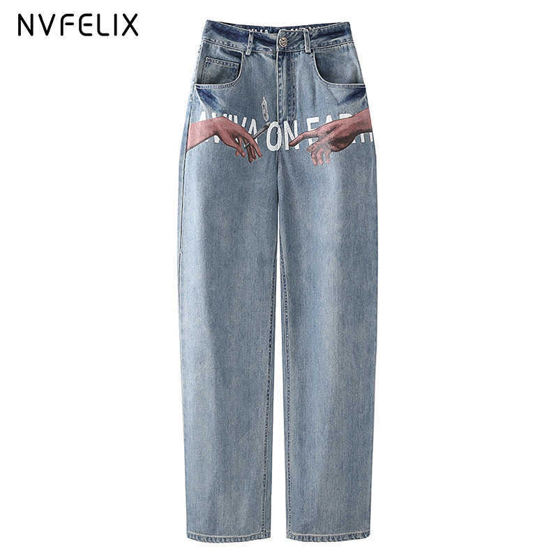 

High Waist Jeans Women's Pants Mom Printed Jeans Loose Wide Leg Straight Pants Traf Fashion Denim Streetwear Trousers For Female 210616, Light blue