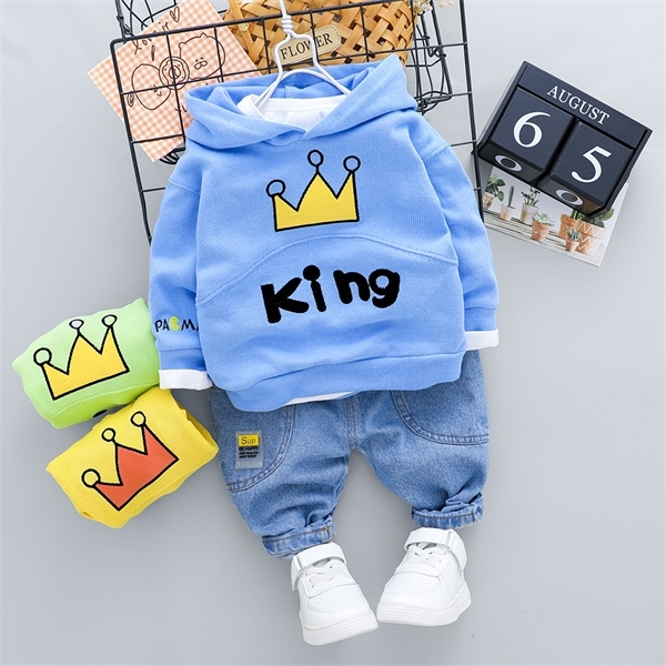 

New Kid Boy Casual Hooded Clothing Set Outfit 1 2 3 4 Years Cute Cartoon Letter Print T-Shirt and Jeans Kids Boy Costume X0401, Packing bag