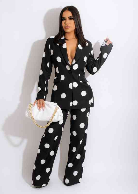 

Early Autumn Women Fashion Casual Wave Dot Printing Long Sleeve Lapel Suit Coat Trousers Two Piece Set, Gray