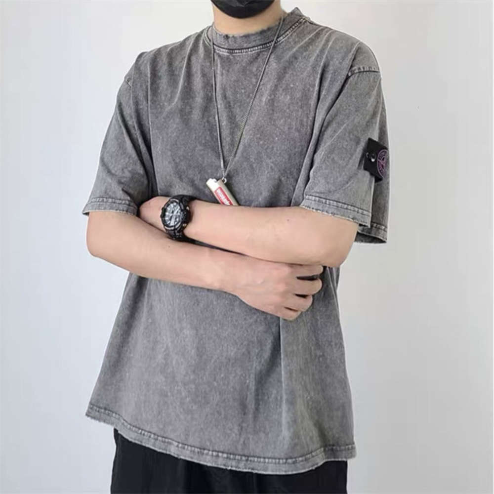 

Stotnef stone wash make old short sleeve basic armband compass Isl and T-shirt tide Island, White;black