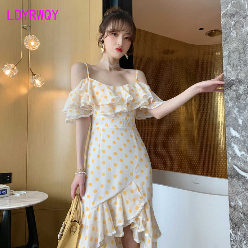 

summer temperament ladies sexy off-the-shoulder polka-dot ruffled chiffon suspender dress Office Lady Polyester 210603, Yellow