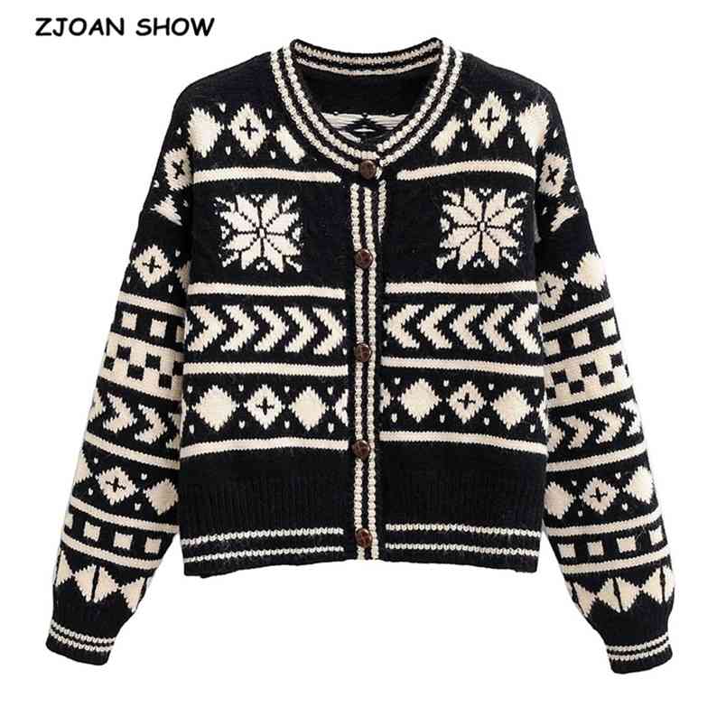 

Ethnic Women Contrast Color Geometric Plaid Single-breasted Button Cardigan Vintage Sweater Long Sleeve Loose Jumper Streetwear 210429, Black