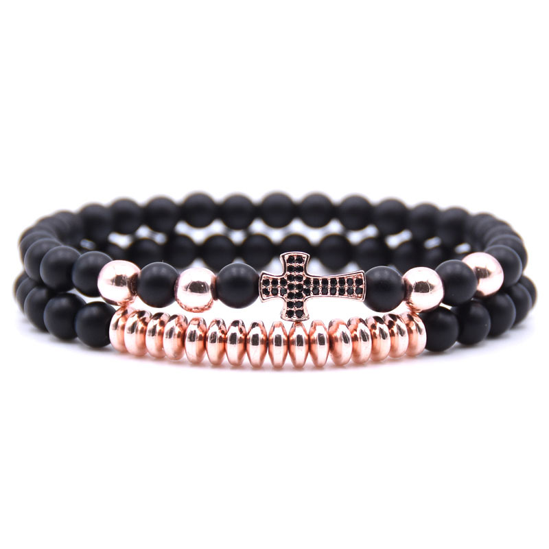

Rose Gold Silver Plated CZ Micro Pave Cross Charm Beads Strands Bracelet 2pcs/set