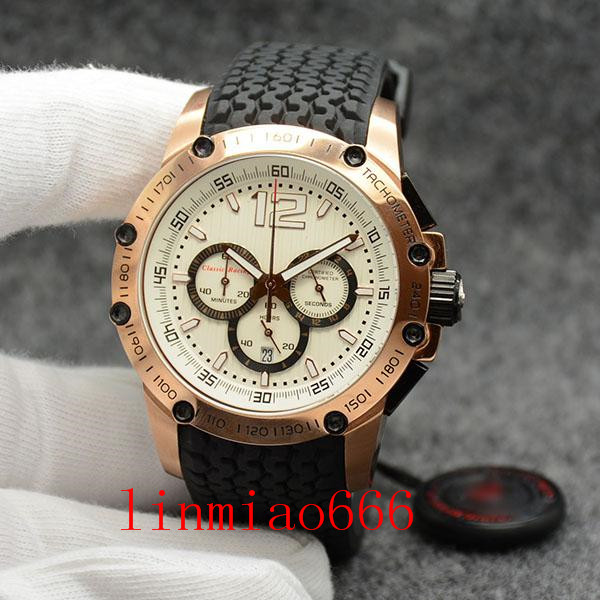 

men wristwatches 45.5mm quartz chrono superfast white dial rubber strap mens watch watches stainless steel gold case, Slivery;brown